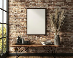 Wall Mural - Modern Interior Design with Blank Canvas Frame, Rustic Brick Wall, and Stylish Wooden Table Arrangement