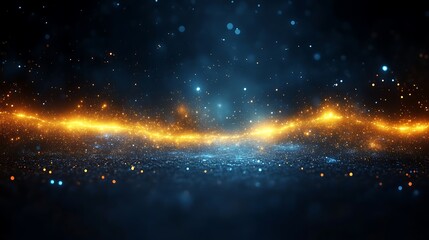 Poster - Abstract cosmic background with a glowing golden wavy line and blue sparkles