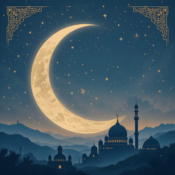 Elegant template for ramadan event with stars and mosque at night with moon