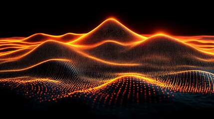 Poster - Abstract orange digital landscape with glowing particles on a dark background