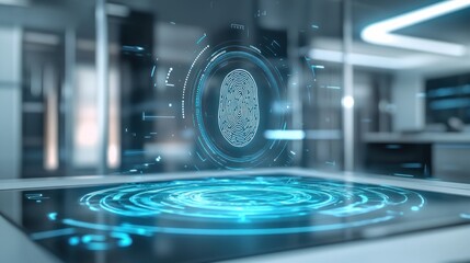 Poster - Futuristic holographic fingerprint scanner in a modern office