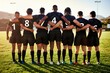 © peopleimages.com - Men, back or rugby team standing in stadium for sports game, group or challenge on field together. Professional, ready or legs of players in line or row for respect, unity or tournament competition