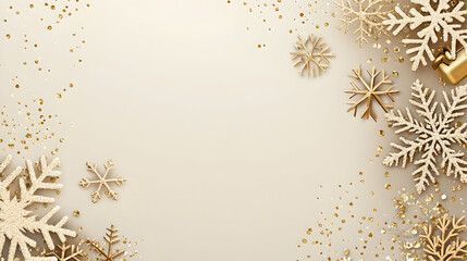 Wall Mural - Golden snowflakes and confetti frame on beige background; ideal for holiday greeting cards