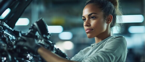 Poster - Woman inspecting engine components in a workshop setting