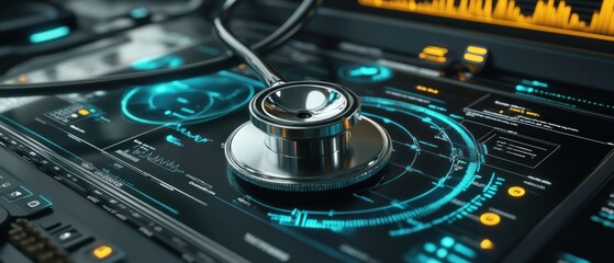 Poster - Modern medical technology with stethoscope on digital interface