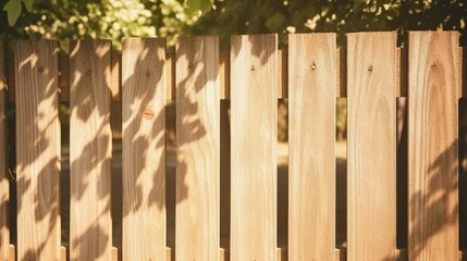 Poster - Close-Up of Wooden Fence Illuminated by Sunlight with Shadows of Leaves Highlighting Its Natural Texture and Grain