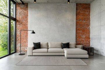 Wall Mural - Modern Living Room with Minimalist Couch, Stylish Floor Lamp, and Large Windows Overlooking Garden View