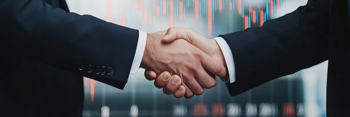 Aufkleber - Two businessmen are shaking hands in front of a stock market chart, symbolizing a successful business deal or partnership in the financial world