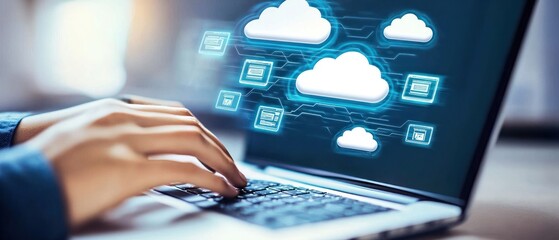 Poster - Person typing on laptop with cloud storage icons displayed