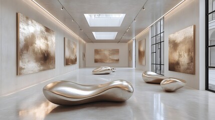 Poster - Captivating Modern Art Gallery with Sculptural Installations and Reflective Surfaces