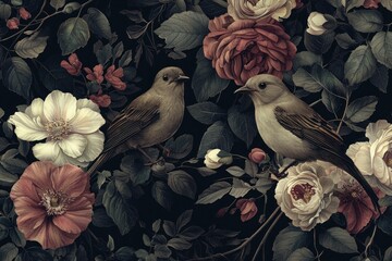 Canvas Print - Vintage floral seamless pattern with birds, featuring dark background, intricate roses, and lush greenery, ideal for fabric designs or wallpaper