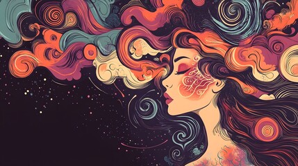 Poster - Captivating Portrait of Mystical Feminine Energy amidst Cosmic Swirls and Ethereal Patterns