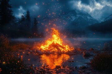 campfire burns near still water with mountains in background for adventure