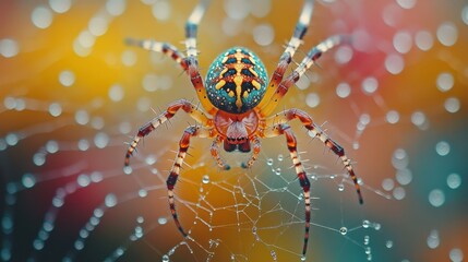 A lively spider with vibrant patterns ascends a dew-laden web, creating a stunning display of nature's intricate design.