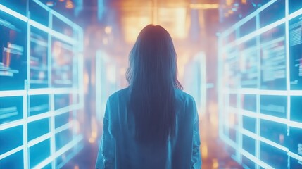 Poster - Woman in futuristic corridor surrounded by glowing data screens
