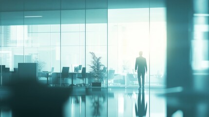Poster - Businessman walking towards bright office windows at dusk