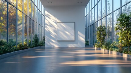 Aufkleber - Spacious and Vibrant Corporate Office Interior with Floor to Ceiling Glass Walls and Lush Greenery