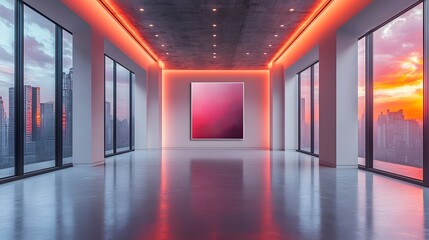 Fototapete - Stunning Modern Interior with Breathtaking Panoramic City View at Sunset