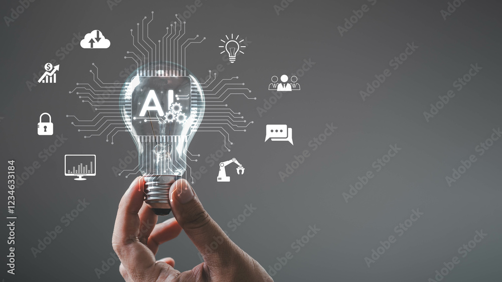 Hand holds a glowing light bulb with AI icons, symbolizing innovation ...