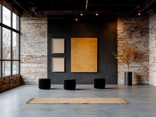 Poster - Modern minimalistic interior space with artistic wall decor, plants, and natural light in an urban setting