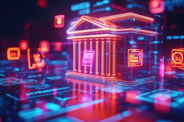 Poster - A vibrant, digital depiction of a bank building surrounded by glowing icons, representing modern technology and finance.