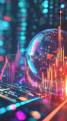 Poster - A vibrant digital representation of a globe surrounded by data visualization elements, showcasing trends and technology in a modern interface.