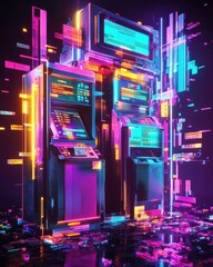 Poster - A vibrant, neon-lit digital installation featuring futuristic ATM-like machines, surrounded by colorful glitches and abstract patterns.