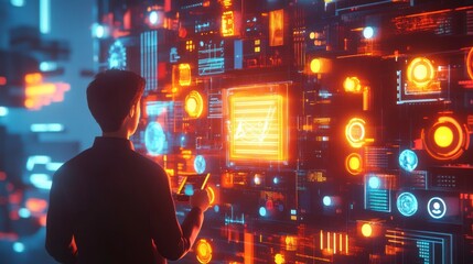 Poster - a person interacts with a vibrant, futuristic digital interface displaying glowing data and technolo