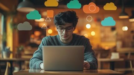 Poster - Young man working on laptop in cozy cafe with abstract shapes