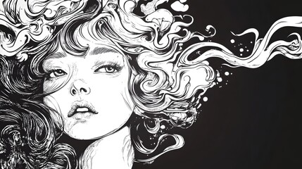 Poster - Surreal Ethereal Female Portrait with Swirling Smoky Hair and Dramatic Expression