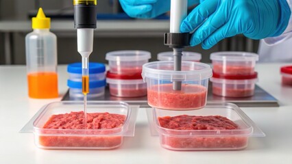 Poster - Gloved scientist injecting liquid into cultivated meat with a syringe in a food printing facility, exploring innovative food production techniques