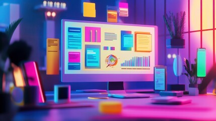 Poster - A vibrant workspace featuring a computer displaying colorful data visualizations, surrounded by sticky notes and plants, enhancing creativity and productivity.