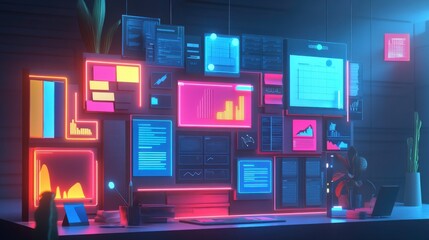 Poster - A futuristic workspace illuminated with neon screens displaying data, graphs, and information, creating a vibrant, tech-oriented atmosphere.