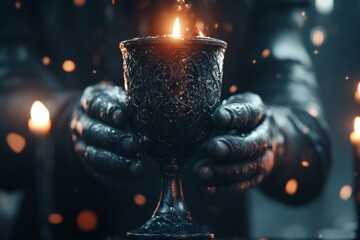 Poster - A Gothic depiction of a skilled artisan carving intricate designs into a dark, ominous chalice, with candlelight casting eerie shadows