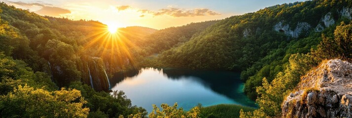Poster - A high-resolution view of Plitvice Lakes National Park, Croatia, during sunrise