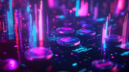 Poster - A vibrant digital landscape featuring colorful data visualizations and glowing patterns, illustrating technological innovation and modern design.