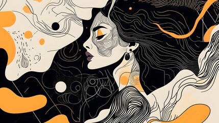 Poster - Surreal Portrait of Enigmatic Female Figure with Flowing Hair and Abstract Patterns