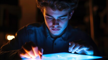 Poster - A young man intently focuses on a glowing tablet screen in a dimly lit environment, showcasing concentration and modern technology.