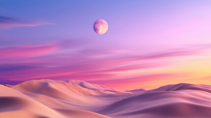 Poster - A serene desert landscape with rippling sand dunes under a pastel sunset.