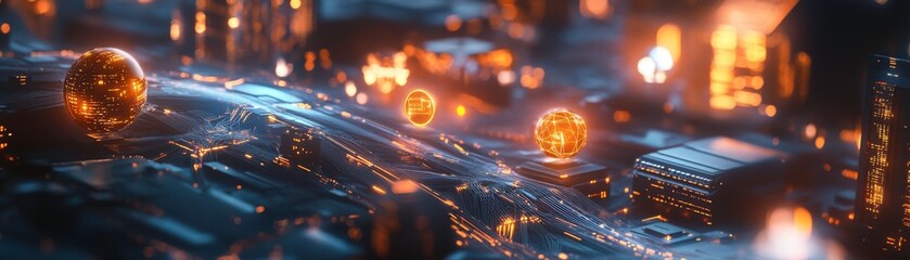 Poster - A vibrant, futuristic landscape depicting glowing spheres and fiery structures, conveying a sense of chaos and energy.
