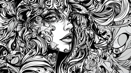 Poster - Surreal Psychedelic Portrait of a Captivating Enigmatic Female with Intricate Swirling Patterns