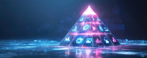 Poster - A glowing pyramid with digital icons emanates a futuristic vibe, symbolizing technology and interconnectedness.
