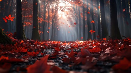 Poster - A vibrant autumn forest with a path covered in red and orange leaves.