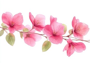 Wall Mural - Watercolor painting of a delicate pink flowering branch with soft green leaves on a white background. The blossoms are in full bloom, creating a