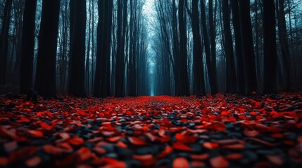 Poster - A vibrant autumn forest with a path covered in red and orange leaves.