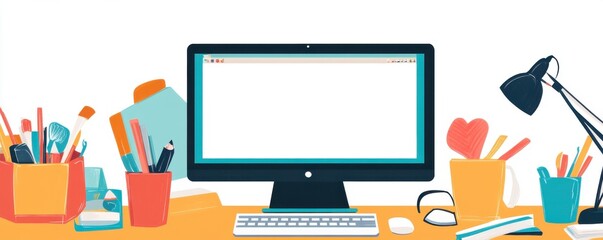 Poster - a colorful workspace featuring a computer, keyboard, and various stationery items in containers on a