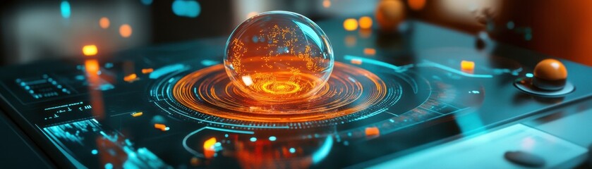 Poster - A glowing, orb-like object is displayed on a futuristic interface, surrounded by vibrant lights and circular patterns, suggesting advanced technology or a virtual environment.