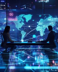 Poster - A business meeting in a futuristic setting, featuring two professionals discussing a digital world map with glowing data visuals.