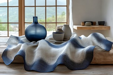 Wall Mural - Blue Pottery and Draped Fabric on Wooden Table