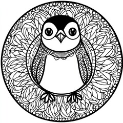 Penguin Mandala Simple Adult Coloring Book Page Illustration